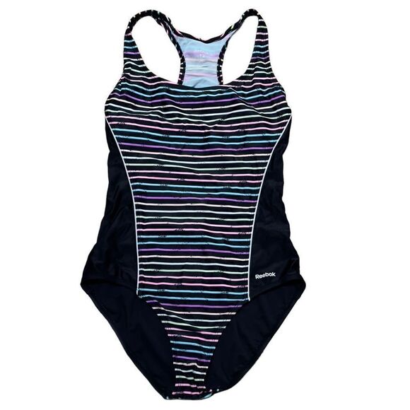 Reebok Swim Colorful Dimension Stripe & Black One-Piece Swimsuit Size 12 - Picture 2 of 13